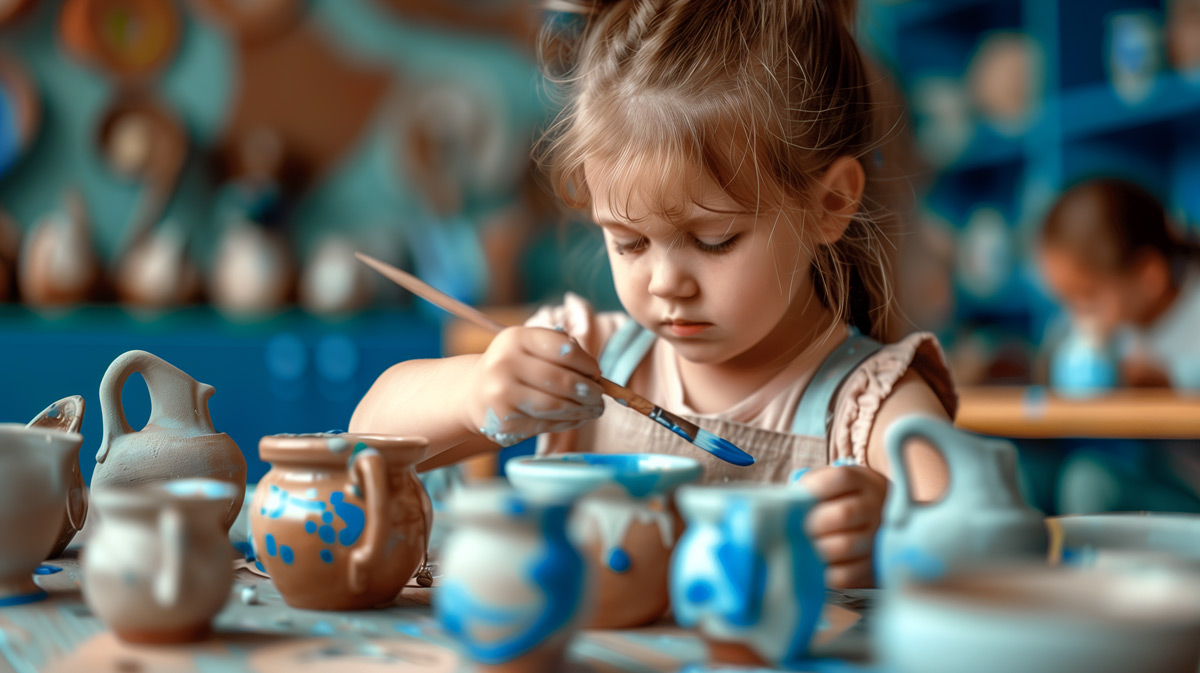 Ребенок раскрашивает глазурями и ангобами керамику
